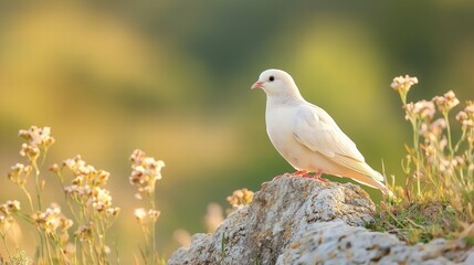 Obraz premium A white bird is perched on a rock