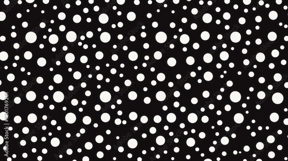Poster abstract seamless pattern with white circles on black background.