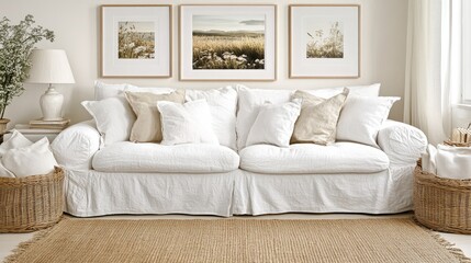 White sofa in living room, nature prints, calm interior