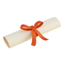 A rolled diploma tied with an orange ribbon; a symbol of academic achievement and new beginnings.