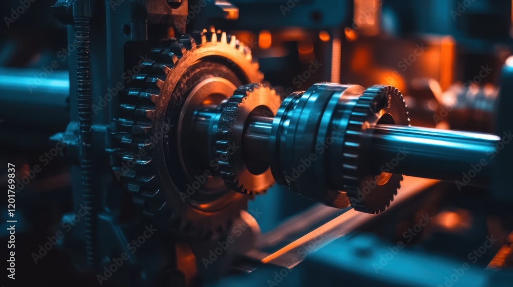 Poster intricate details of a mechanical assembly in a workshop showcasing gears and machinery during late 