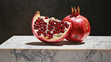 Still life of a halved pomegranate and whole pomegranate on a marble surface.