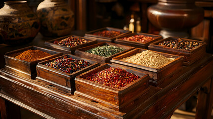 Fototapeta premium Exotic Spice Collection in Antique Wooden Boxes
