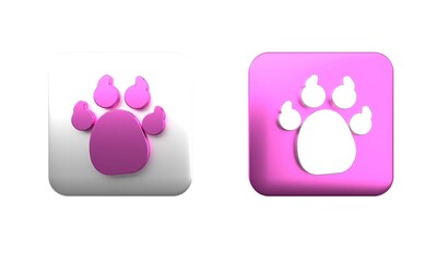 Colorful Paw print icon isolated on white background. Dog or cat paw print. Animal track. Square button. 3D render illustration