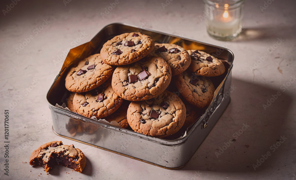 Aufkleber A tin of chocolate chip cookies sits on a table. The cookies are in a square tin and are piled on top of each other. There is a single cookie missing from the tin