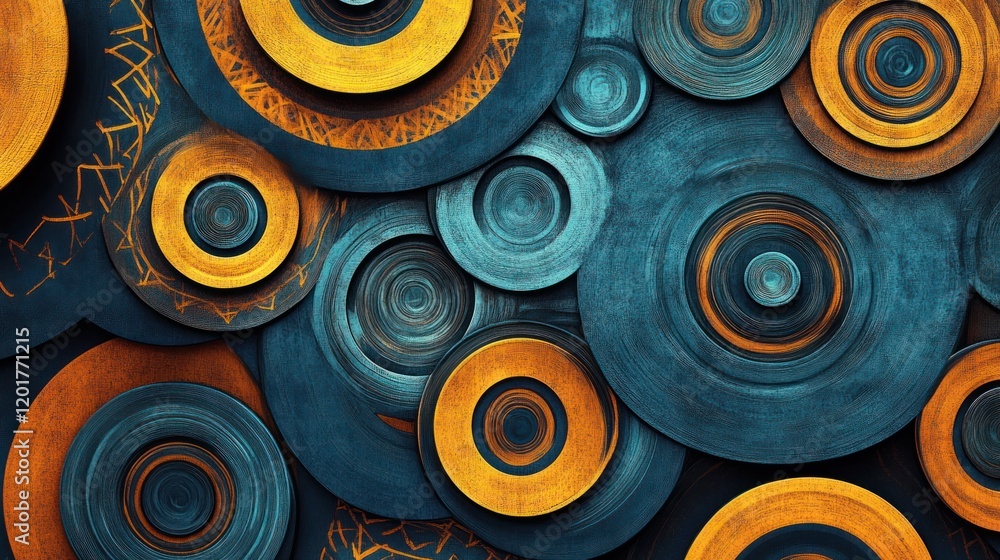 Poster abstract background with overlapping textured circles in blue and gold.