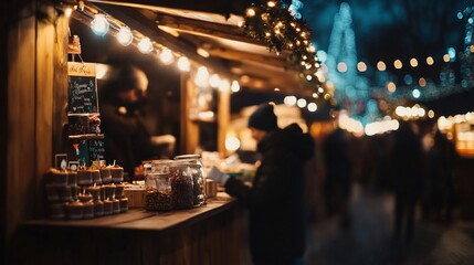 Fototapeta premium Festive market stall, winter night, treats, blurry background, holiday shopping