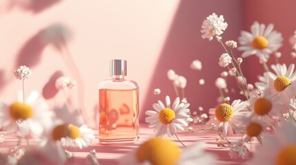 A perfume bottle sits at the center of the image, surrounded by delicate,
