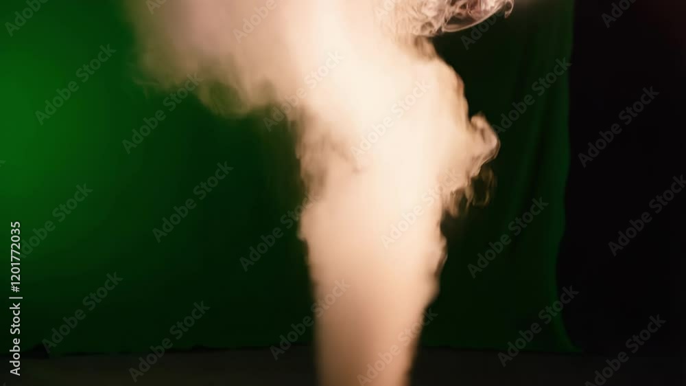 Poster white smoke is rising from the bottom of the frame against a green screen background, creating a swi