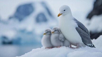 Obraz premium Glaucous gull protecting chicks in arctic landscape