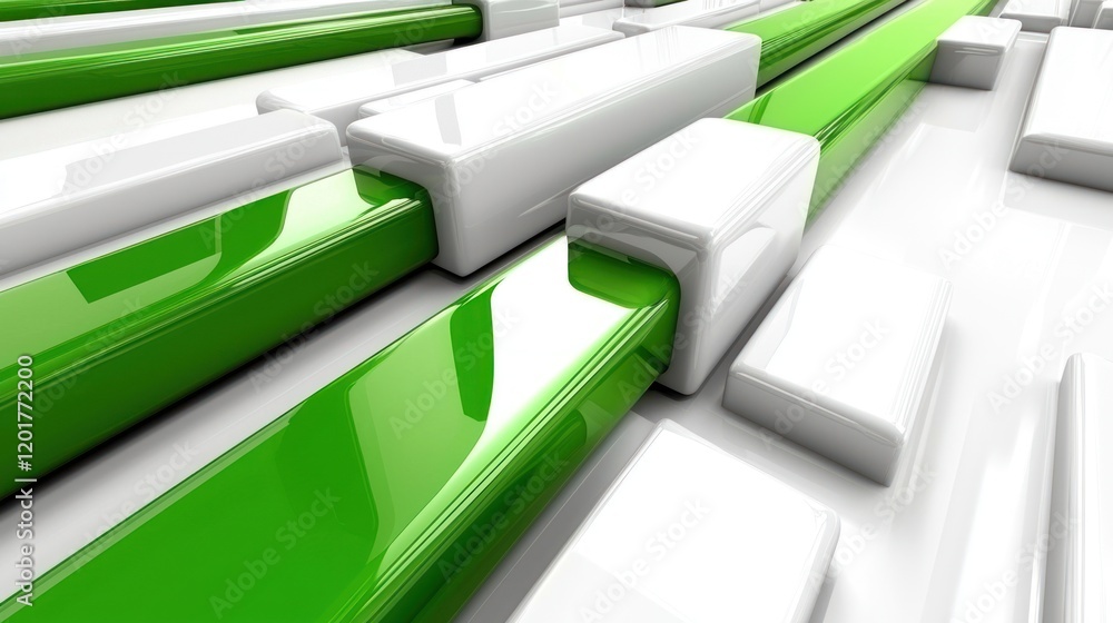 Poster abstract 3d rendering of interconnected glossy green and white rectangular blocks creating a dynamic