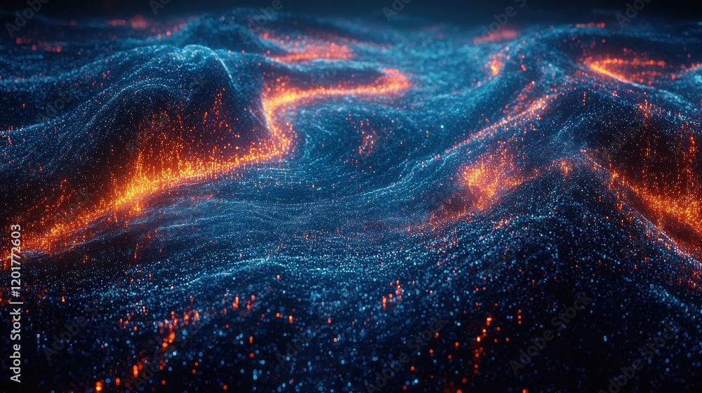 Poster abstract glowing particle landscape: dynamic waves of energy and light