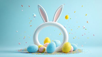 A cheerful Easter scene with white bunny ears forming a circular shape in the center, surrounded by colorful yellow, blue, and pink 