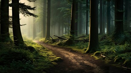 Fototapeta premium A photo of a misty forest path at dawn