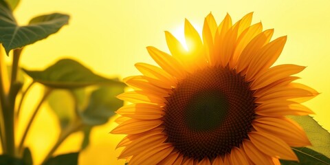 Obraz premium A single sunflower blooms majestically against a backdrop of golden sunlight, its petals radiating warmth and vibrancy.