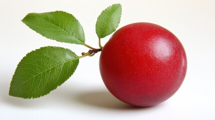 Single Ripe Red Plum with Vibrant Green Leaves on White Background