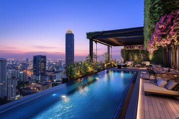 Obraz premium Sunset in the hotel rooftop garden with pool, dining area, and lush greenery