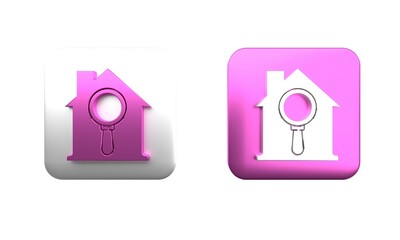 Colorful Search house icon isolated on white background. Real estate symbol of a house under magnifying glass. Square button. 3D render illustration