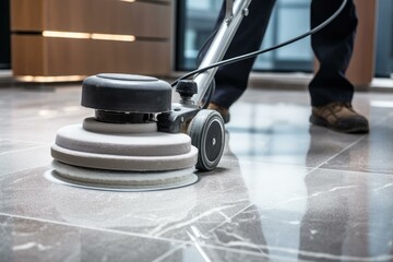 Janitor using a floor polishing machine to clean marble tiles in a modern office building