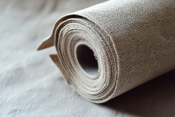 A roll of sturdy fabric in natural beige, cotton fabric.