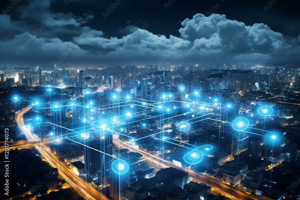 Poster illuminated network connecting buildings and roads in a smart city at night, symbolizing data flow a