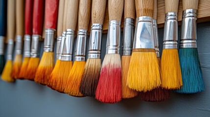 Fototapeta premium Colorful paintbrushes hanging on a wooden rack.