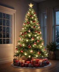 Christmas tree decorated with ornaments and lights, holiday cheer, vintage decorations