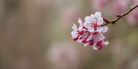 Obraz premium A Delicate Cluster of Pink Blossoms Gracefully Adorns a Branch Against a Softly Blurred Background