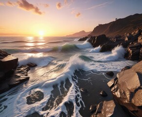 Obraz premium Chrome wavy ocean waves on a rocky coastline at sunset, wave, rocky coastline