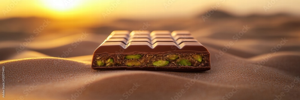 Poster delicious chocolate bar filled with pistachio paste against a warm sunset backdrop on sandy terrain.