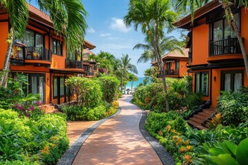 Fototapeta premium Tropical resort walkway leading to beautiful beach with orange bungalows and lush vegetation