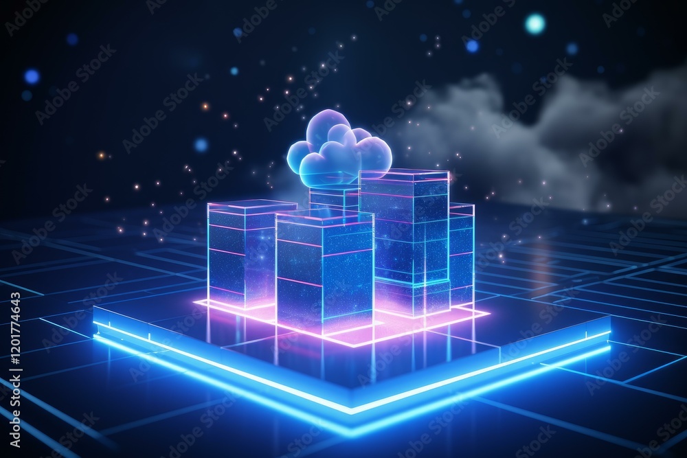 Poster futuristic buildings receiving data from cloud computing, symbolizing innovation and technological a