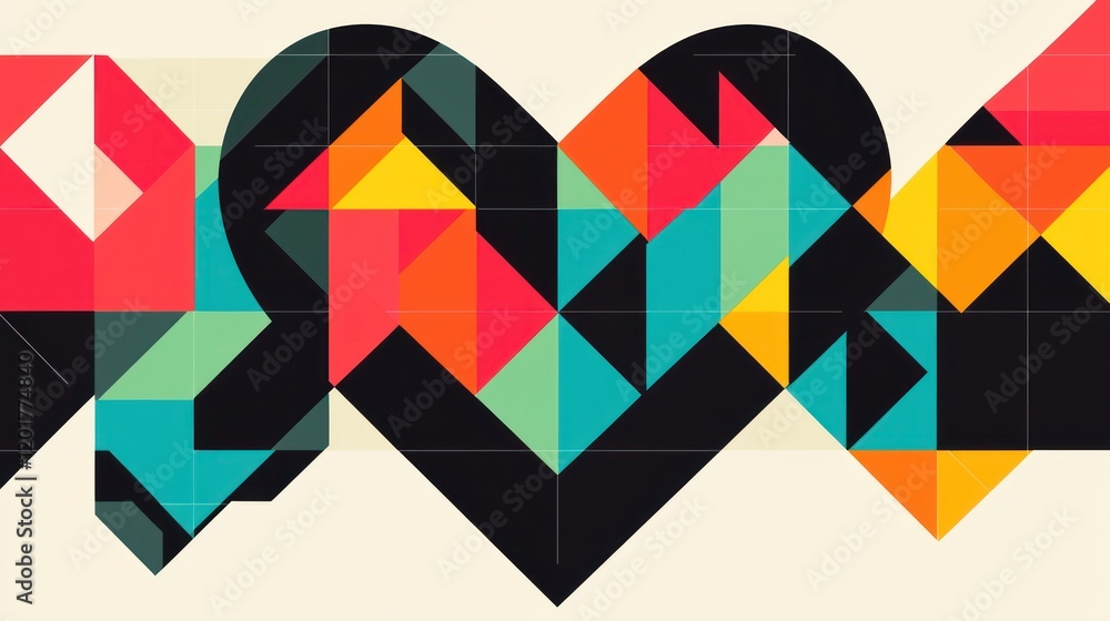 Poster vibrant geometric heart: an abstract expression of love and connection through interlocking triangle