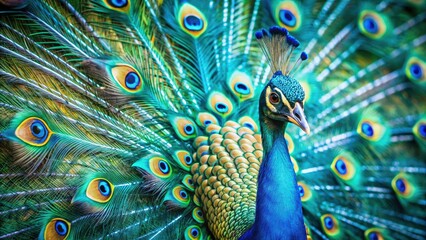 Obraz premium Close-up of a peacock spreading its vibrant feathers against the turquoise background, bird species, beautiful textures, tropical birds
