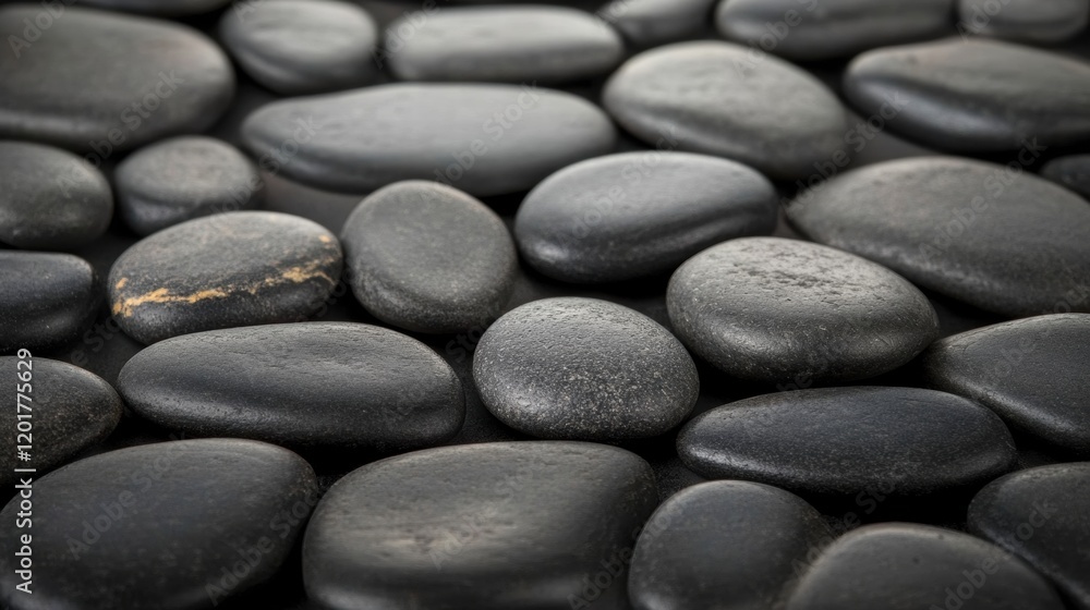 Poster close up view of smooth beach pebbles with gentle waves creating a soothing atmosphere on a sunny da