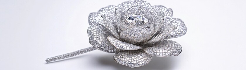 Fototapeta premium A stunning silver flower sculpture with intricate patterns and a sparkling gem center.