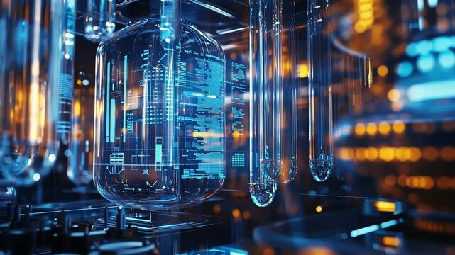 A detailed shot of a glass chamber filled with liquid displays of metrics with pipes connecting to various instruments symbolizing the flow of data from diversified sources into a coherent