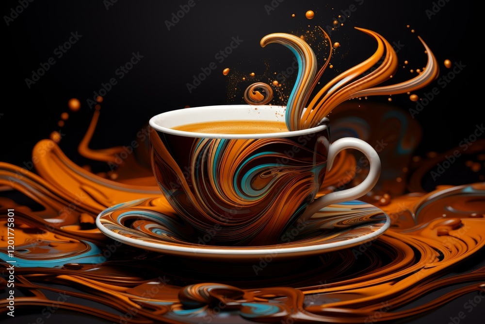 Poster coffee is splashing from a colorful cup and saucer, creating a swirling and dynamic scene