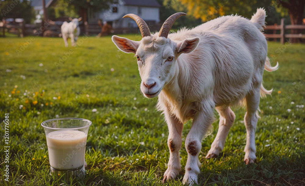 Poster a white goat is standing in a field next to a glass of milk. the goat appears to be curious about th