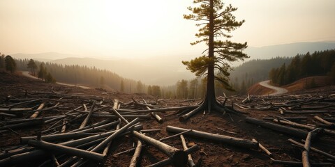 A solitary pine tree stands tall amidst a landscape of felled logs, a testament to the consequences of deforestation, where the sun casts a golden hue over the scene.