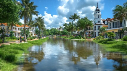 Fototapeta premium Tropical Canal Town Houses and Lush Greenery