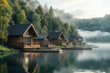 Naklejka premium Wooden chalets by the lake, surrounded by misty morning and calm water