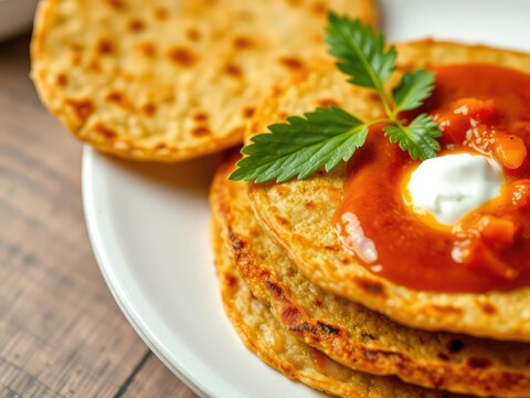Close-up shot of a stack of raagi attu millet pancakes with a side of chutney and a dollop of yogurt, chutney, yogurt