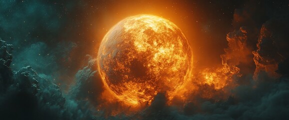 Fiery planet, cosmic clouds, space background. Sci-fi concept