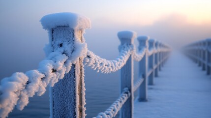 Fototapeta premium Frozen rope and railing covered with snow and ice crystals in winter wonderland