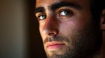 Obraz premium Close-up portrait of a young man with intense gaze. (1)