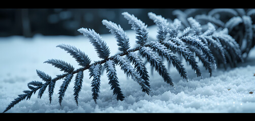 black fern leaf coated with shimmering frost on snowy backdrop