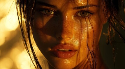 Close-up portrait of a woman with sweat on her face, illuminated by warm sunlight.