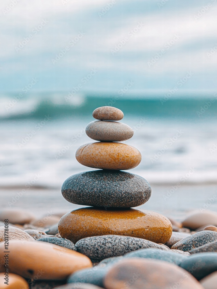 Aufkleber Smooth beach pebbles stacked on a shore as gentle waves wash over them in a tranquil coastal setting. Generative AI