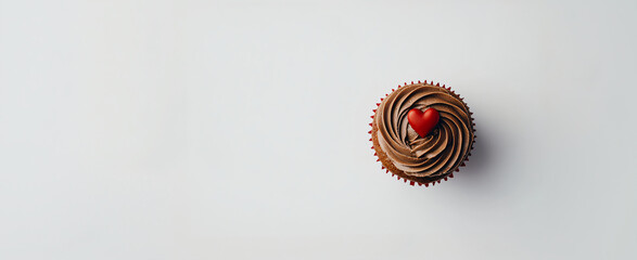 Cupcake muffin with red heart on whipped mocha mousse on white background. Banner template for love, sweets, poster, and cards for party, birthday and Valentine's day with place for text.